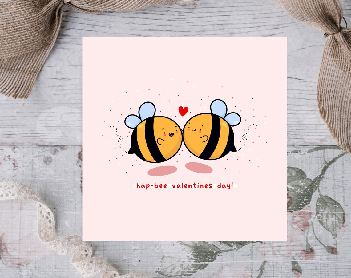 Kissing Bumble Bee Couple Hap-Bee Valentines Day Card Cute Print - Image 3