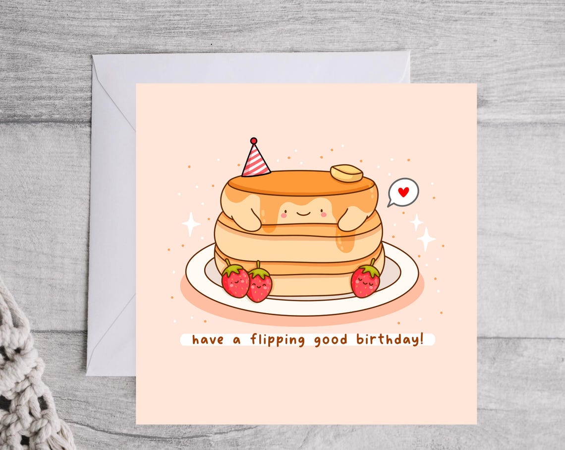 Cute Pancake Stack With Party Hat Flipping Birthday Card Print - Image 3