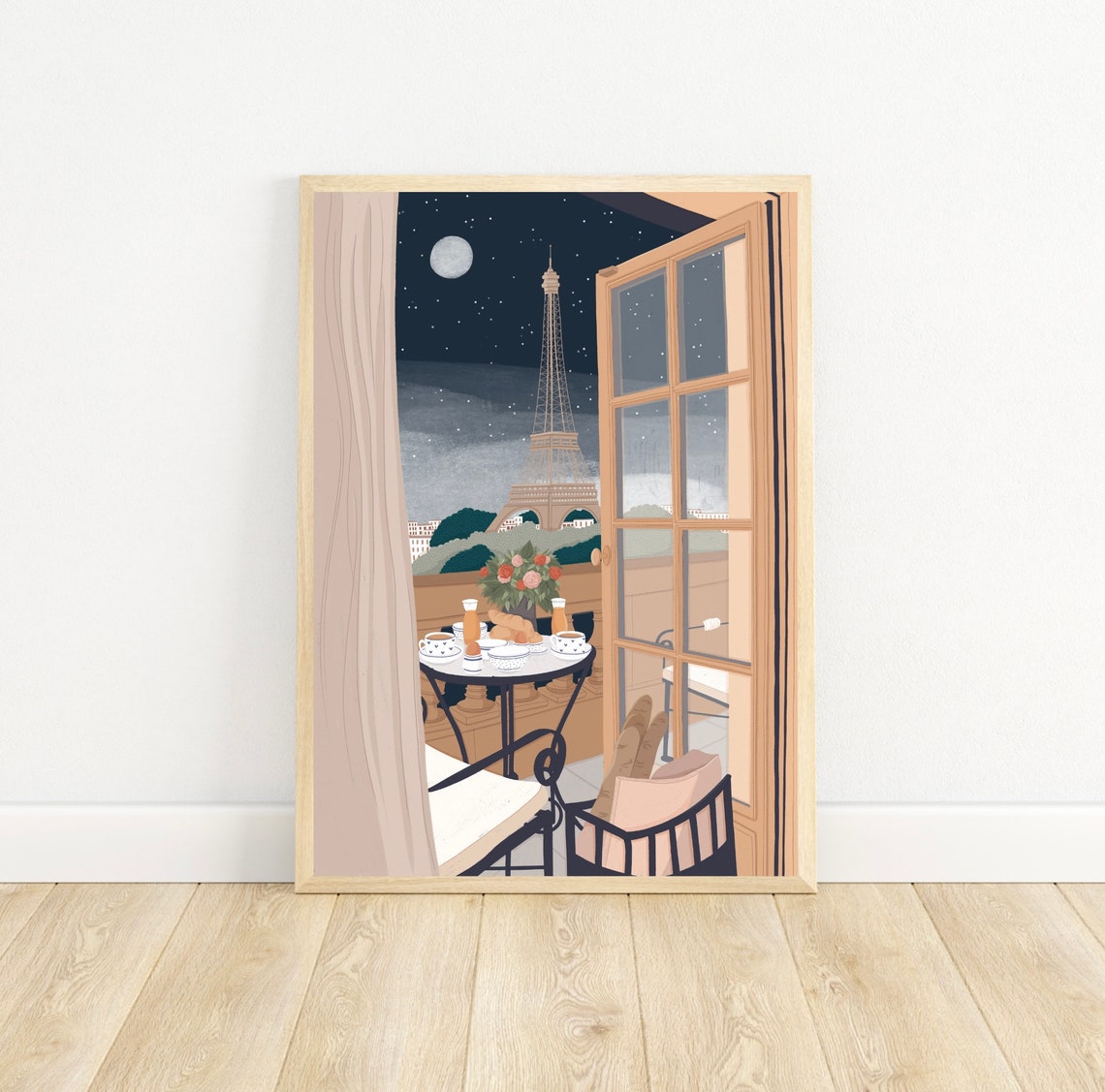 Paris Balcony Eiffel Tower Night Moonlit Breakfast Art Print - Image 5