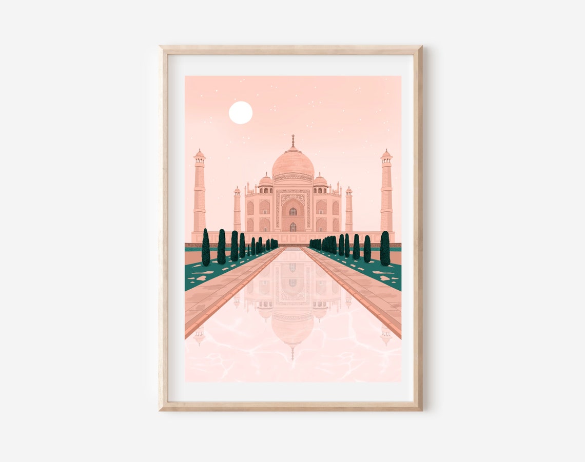 Taj Mahal India Daytime Soft Pink Sky Reflection Travel Art Print - Image 3