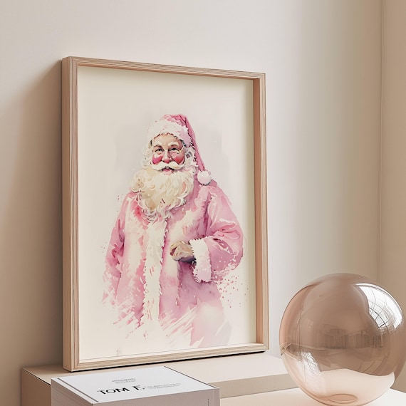 Pink Santa Claus Whimsical Watercolor Christmas Holiday Portrait Poster