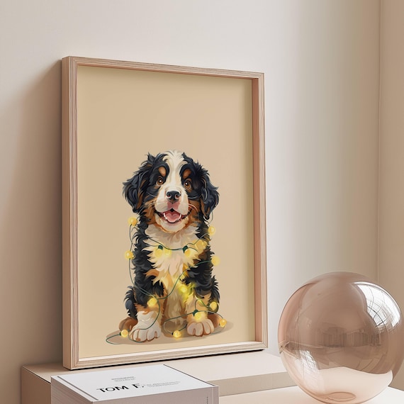 Bernese Mountain Puppy Wrapped in Fairy Lights Cute Dog Poster