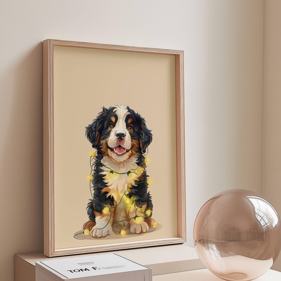 Bernese Mountain Puppy Wrapped in Fairy Lights Cute Dog Poster