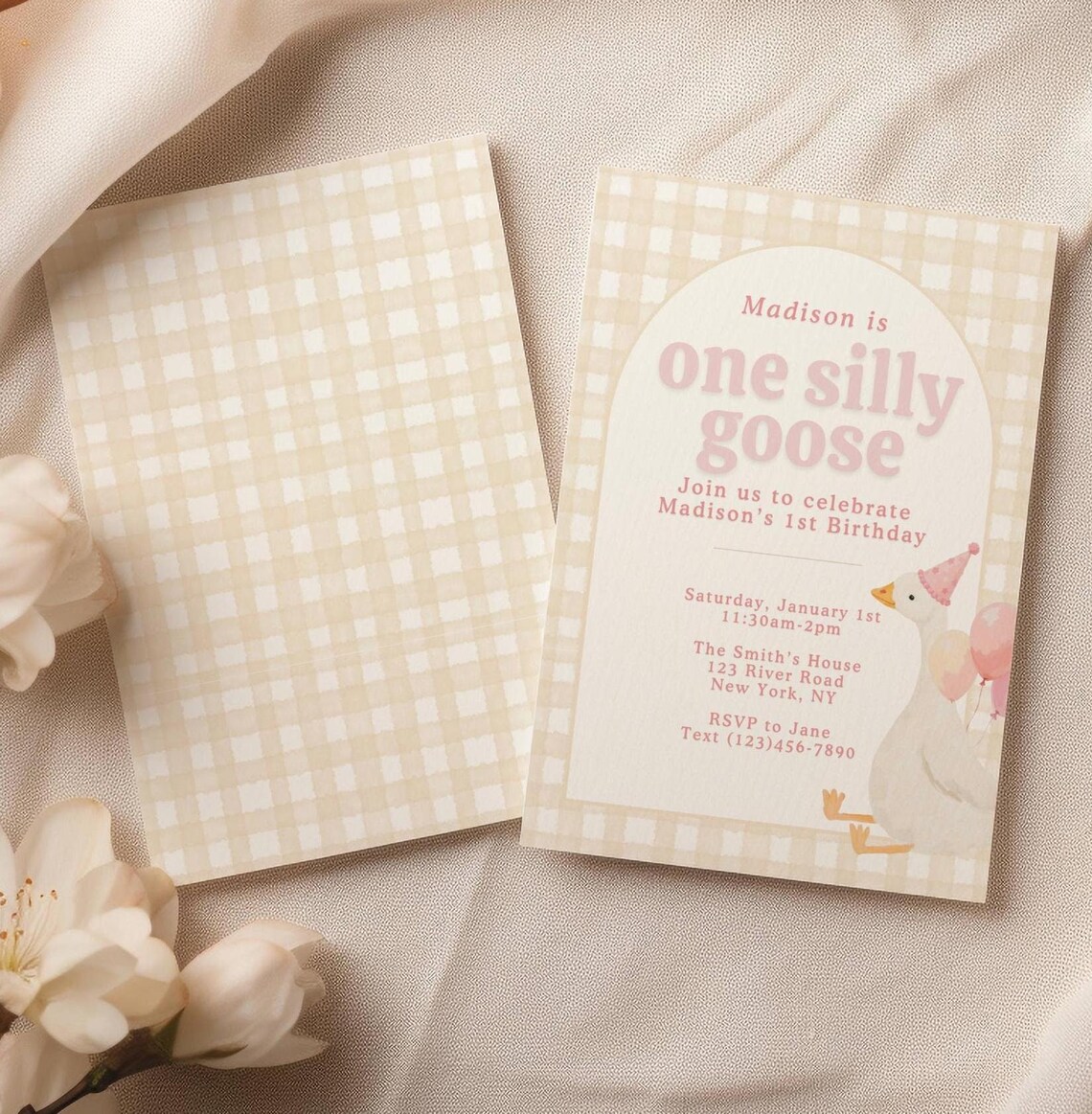 One Silly Goose Birthday Invitation, Gingham Postcard