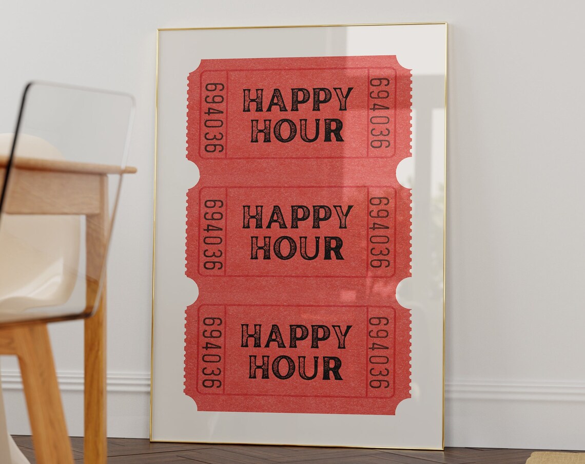 Happy Hour Ticket Vintage Retro Bar Cart Art Print