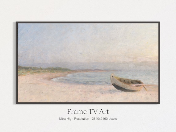 Pastel Seascape Rowboat On Pale Beach Dawn Coastal Tranquil Art Poster