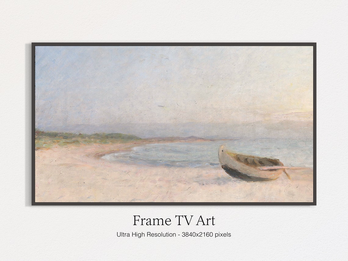 Pastel Seascape Rowboat On Pale Beach Dawn Coastal Tranquil Art Poster