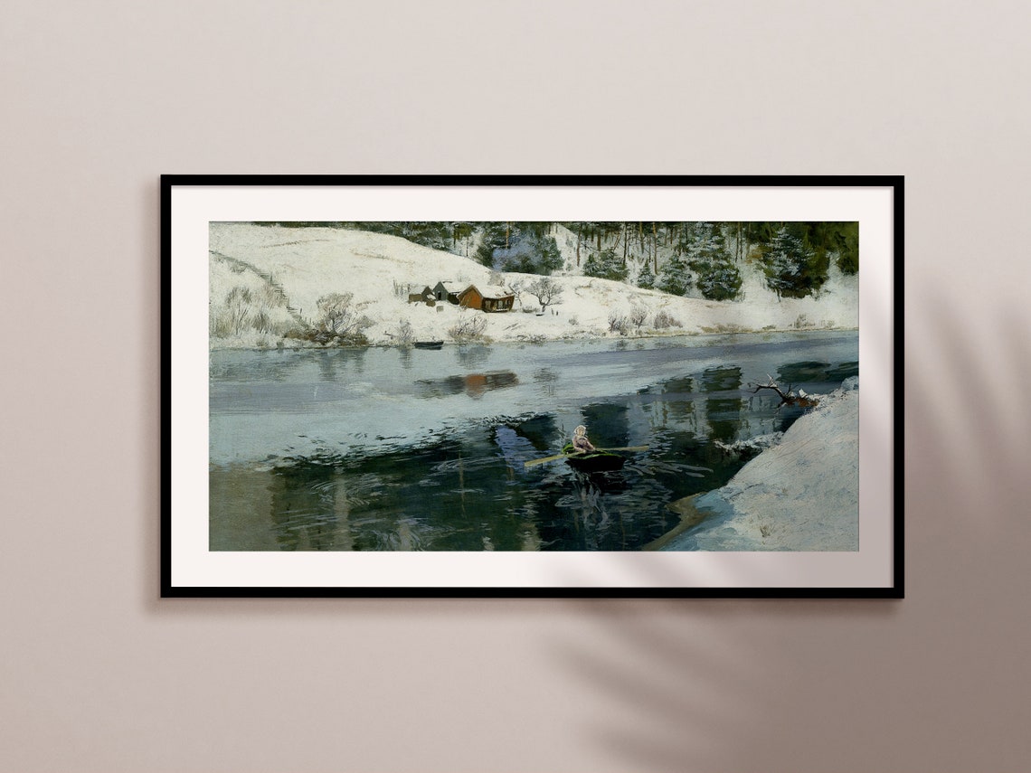 Frame Tv Art Christmas Vintage Winter Lake Painting Winter Oil Landscape Christmas Tv Art Moody Christmas - Image 2