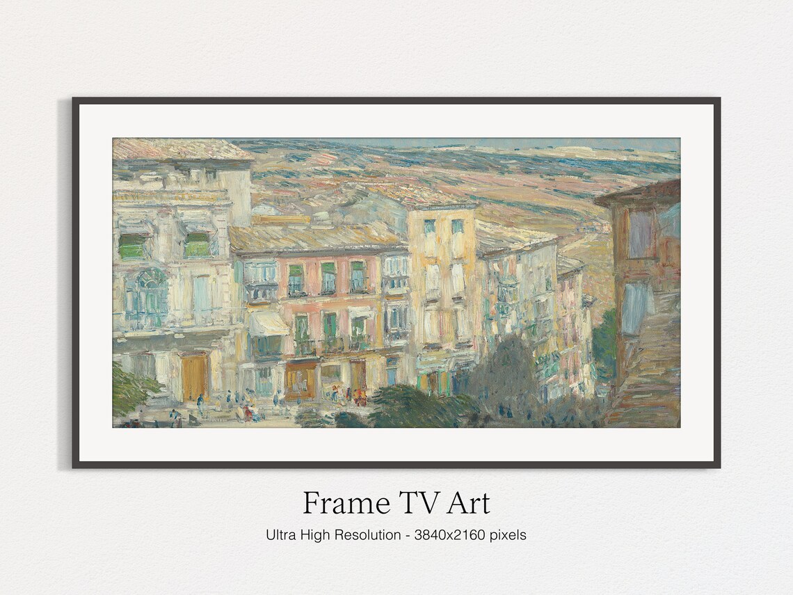 Sunlit European Old Town Plaza Pastel Buildings Hills View Art Print - Image 4