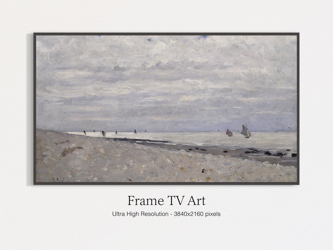 Sailboats on a Quiet Beach Shore Vintage Muted Seascape Art Print