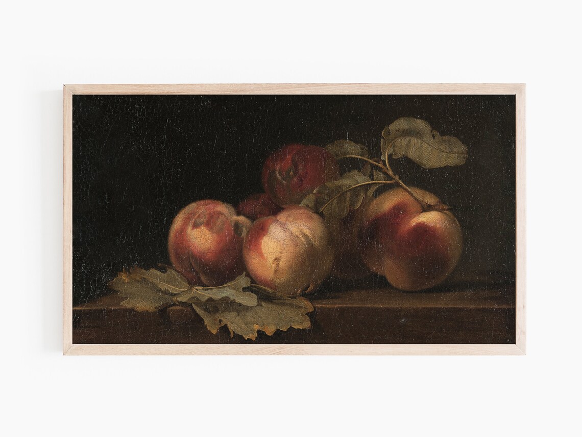 Ripe Peaches Still Life Dark Background Classic Oil Painting Art Print - Image 2
