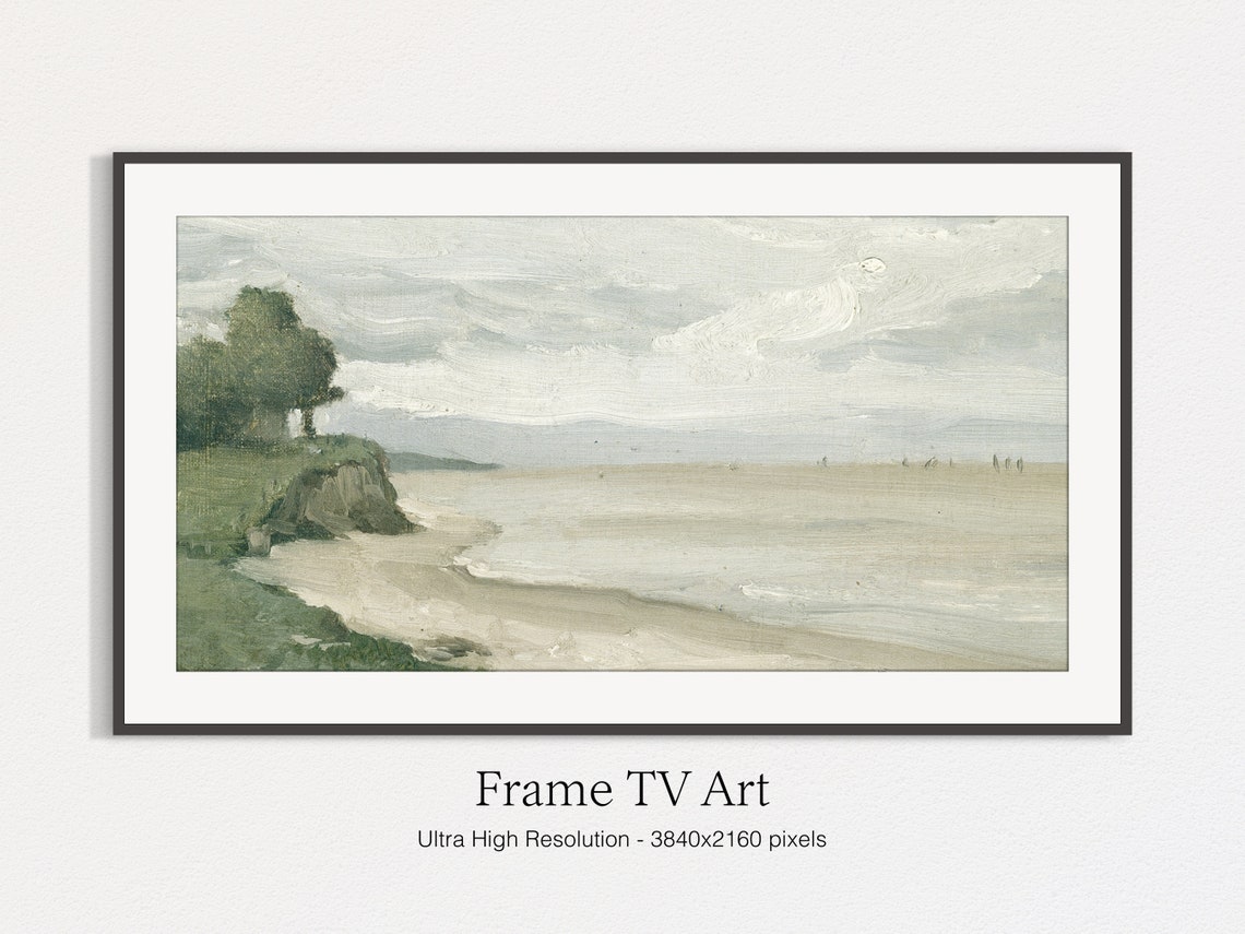 Serene Neutral Coastal Painting Green Cliffs Beach Seascape Wall Art - Image 5
