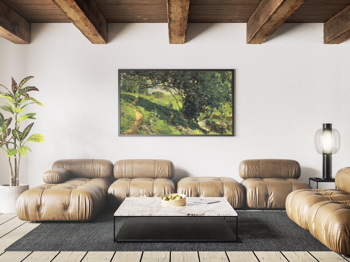 Summer Forest Path Painting Lush Green Woodland Stream Landscape Art - Image 4