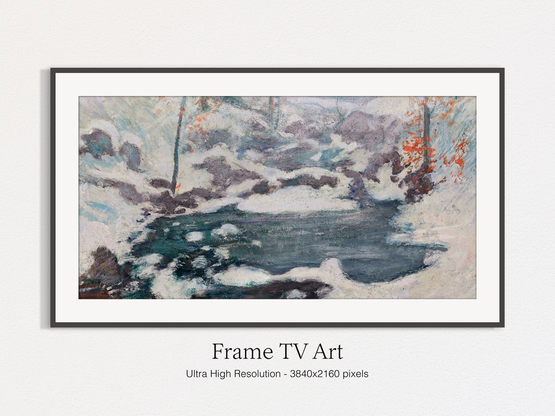 Frozen Stream In Snowy Forest Impressionist Winter Landscape Art Print - Image 4