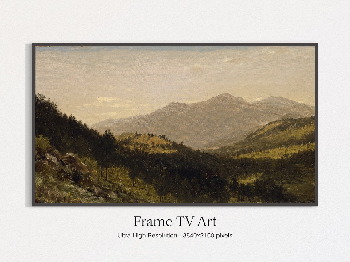 Hazy Golden Mountain Valley Vintage Oil Painting Landscape Wall Art