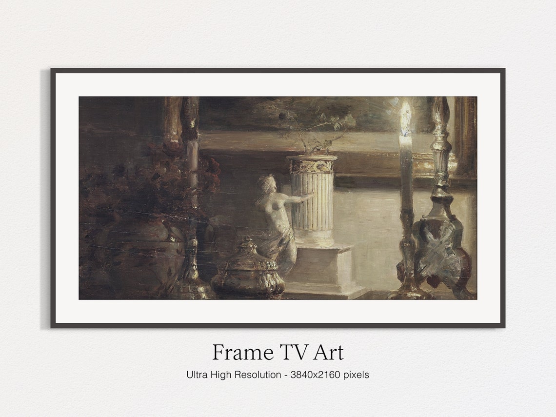 Dark Candlelit Still Life Painting Classical Statue Vintage Wall Art - Image 5
