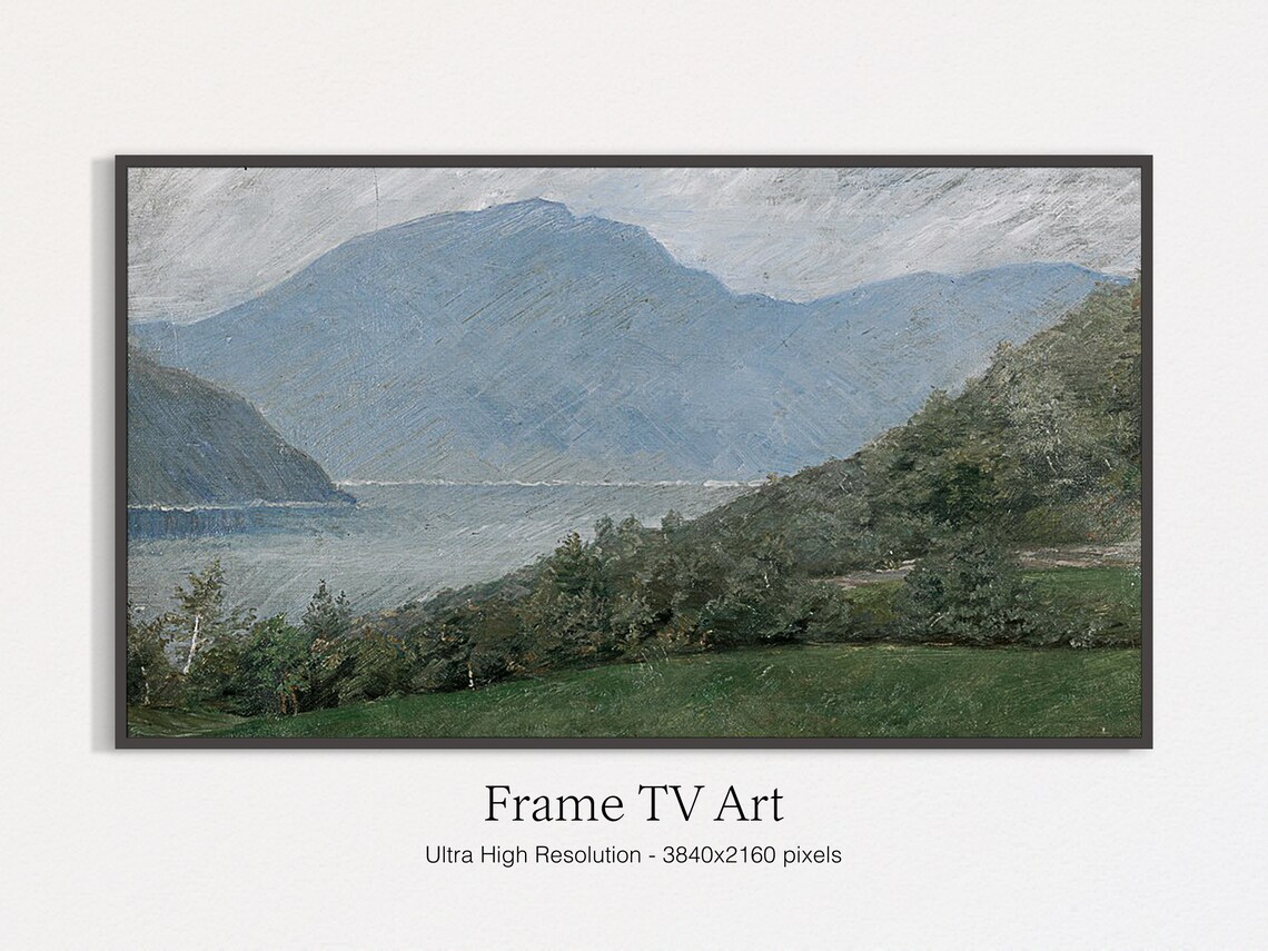 Misty Blue Mountain Lake Vintage Oil Painting Landscape Wall Art