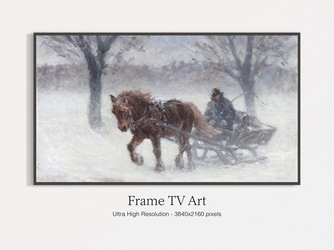 Horse Drawn Sleigh Ride in Falling Snow Vintage Winter Painting Poster
