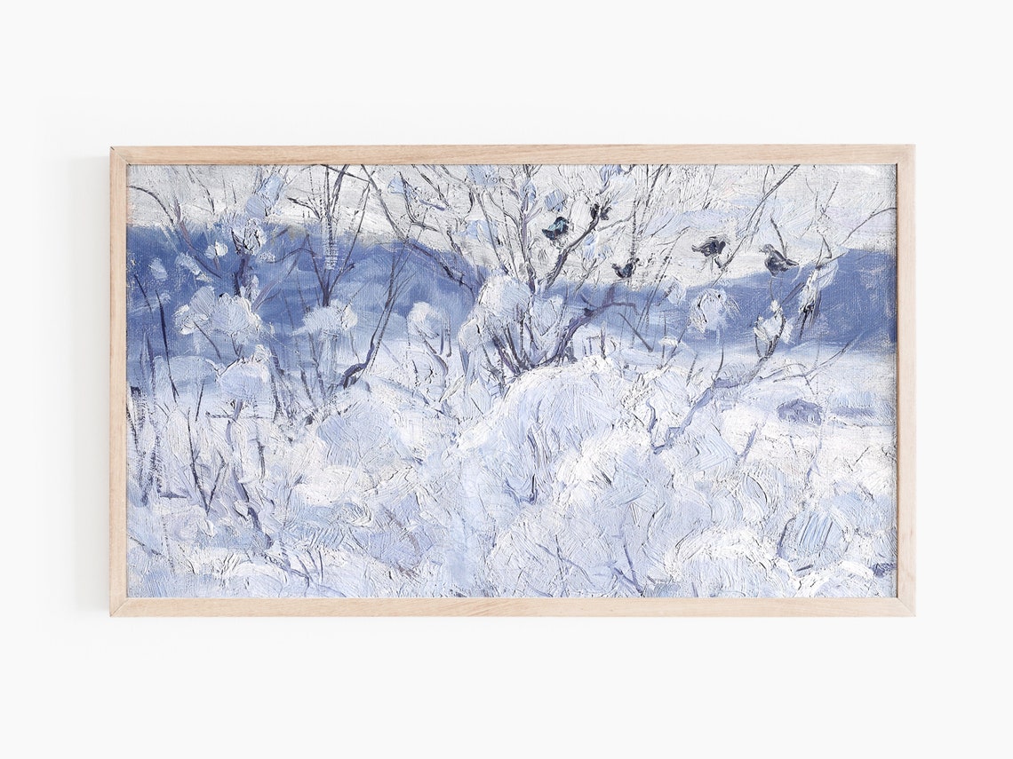 Winter Snowy Branches Birds Blue White Impressionist Painting Poster - Image 2