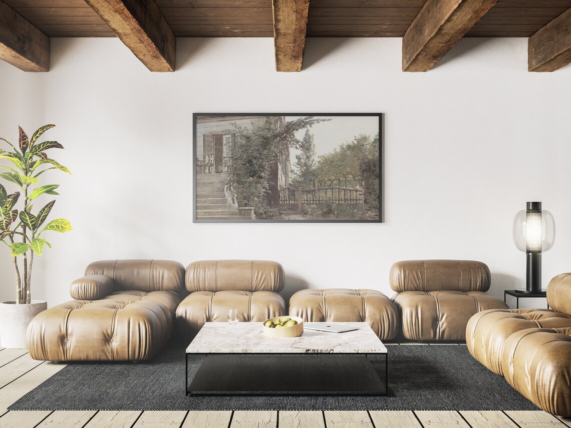 Vintage Farmhouse Porch Stone Steps Leafy Trees Garden Print - Image 4