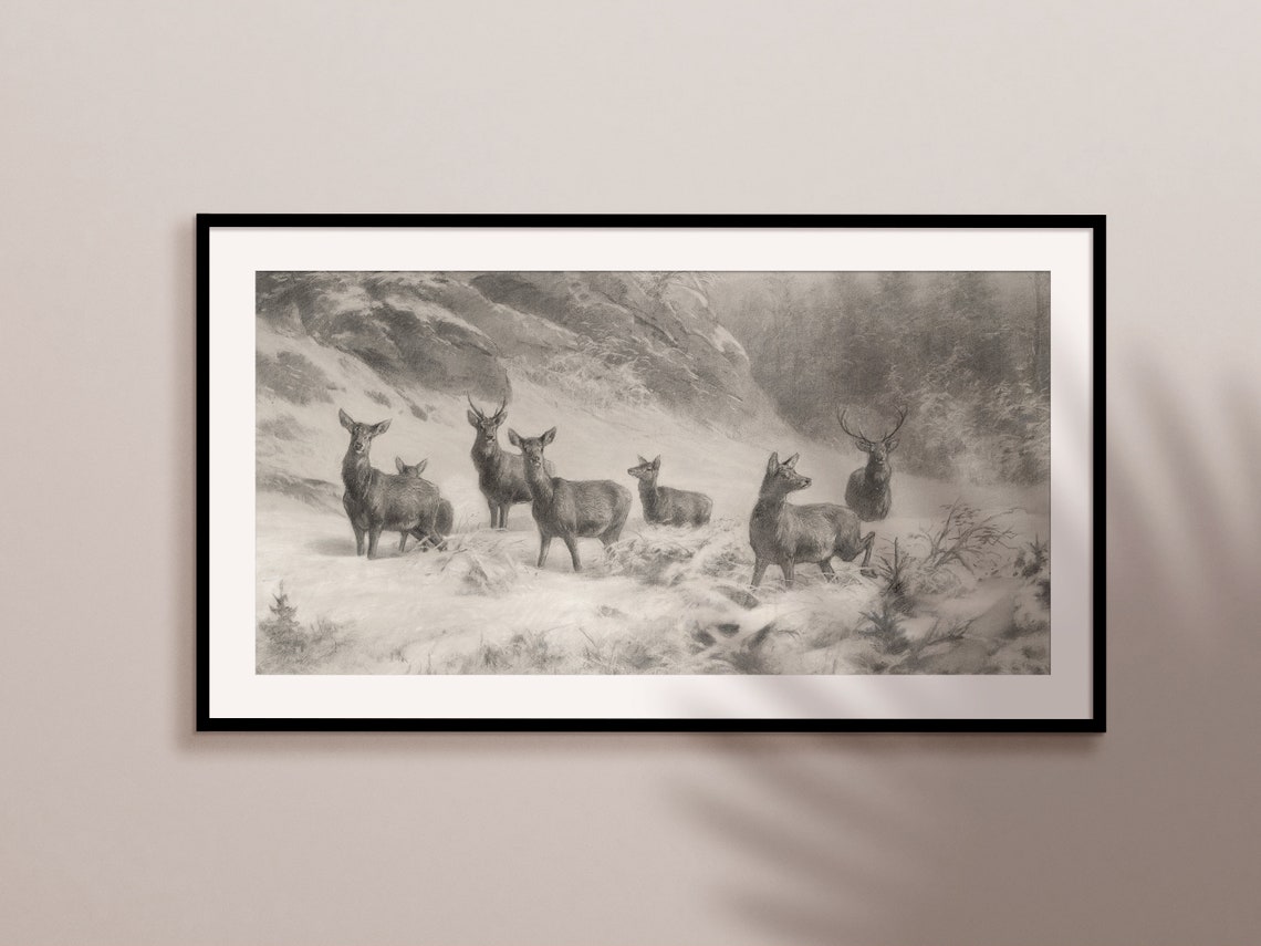 Deer Herd In Snowy Mountain Winter Monochrome Drawing Art Print - Image 2