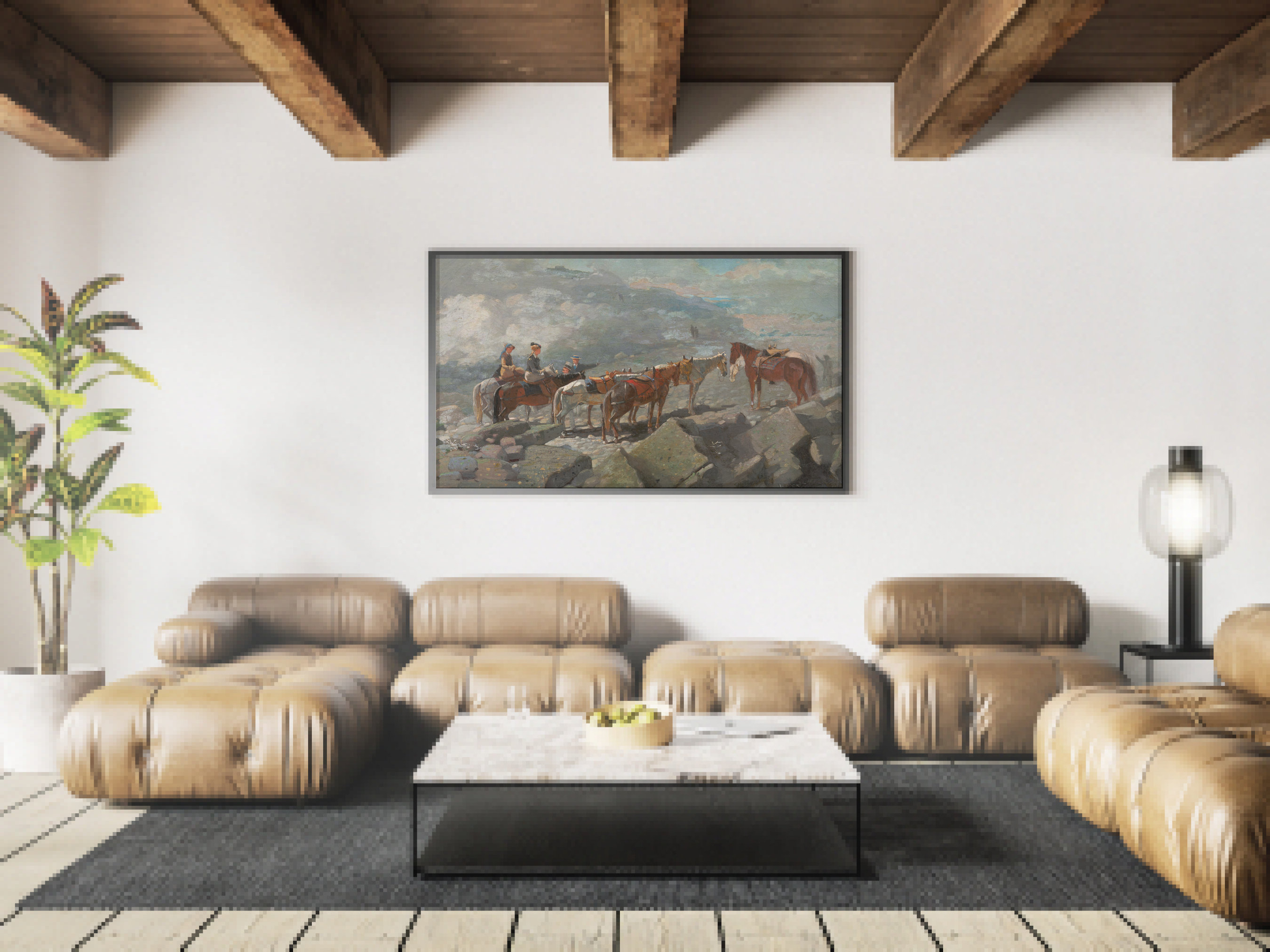 Horseback Riders Resting In Rocky Mountain Landscape Vintage Art Print - Image 4