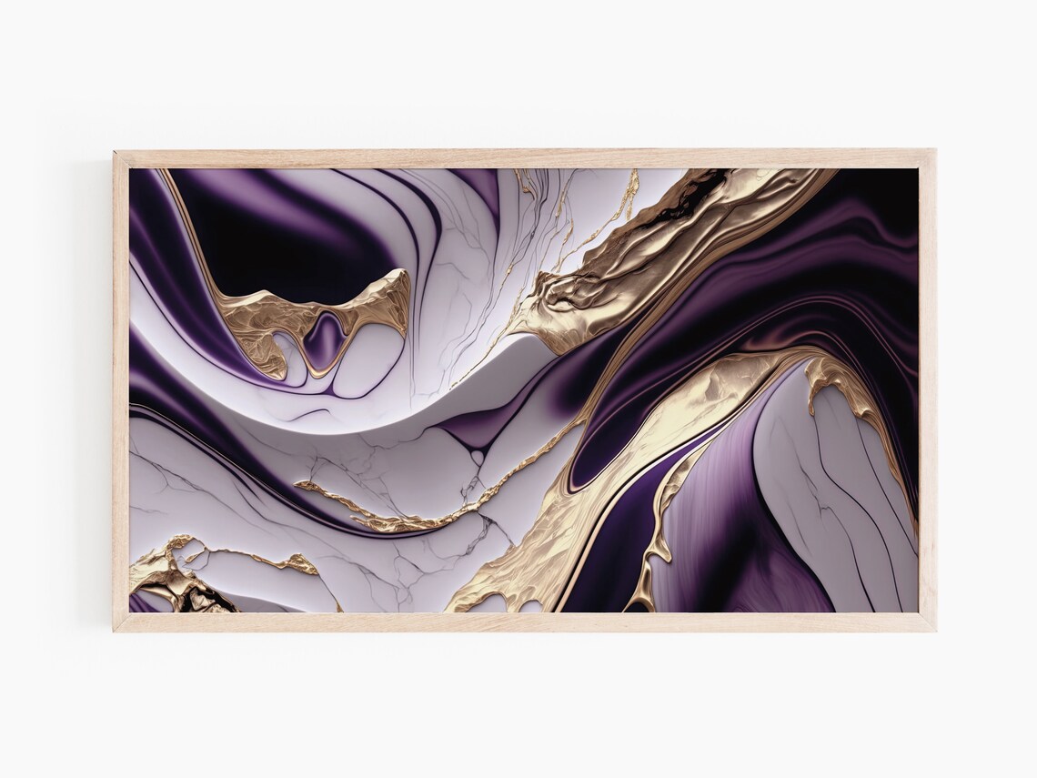 Luxury Purple Gold Marble Swirl Abstract Painting Wall Art Print - Image 3