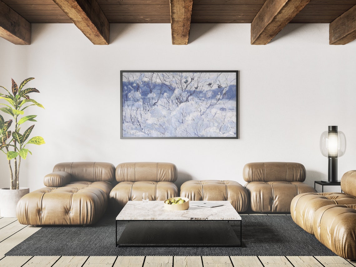 Winter Snowy Branches Birds Blue White Impressionist Painting Poster - Image 3