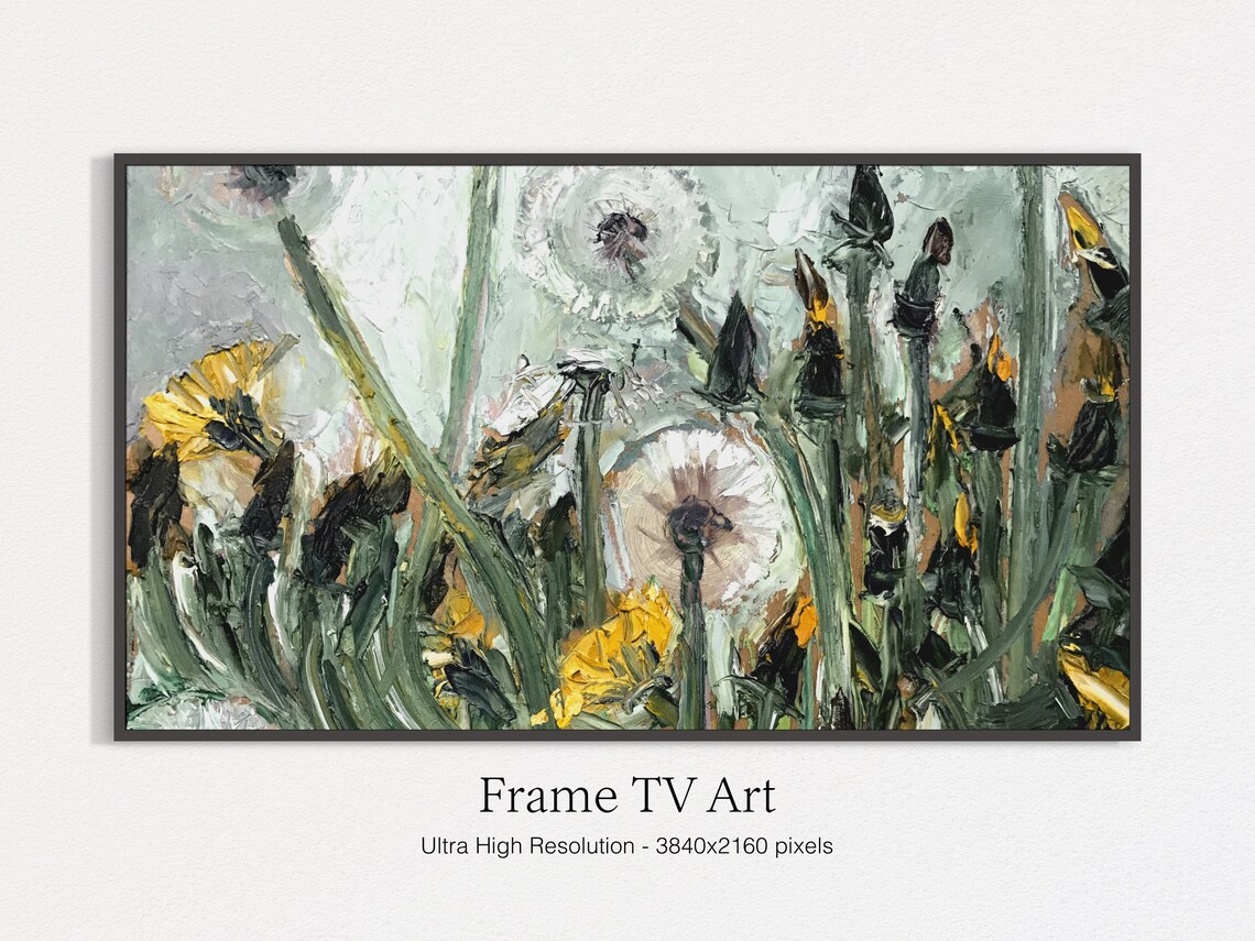 Dandelions Close Up Impasto Yellow Blooms Seed Heads Floral Art Print