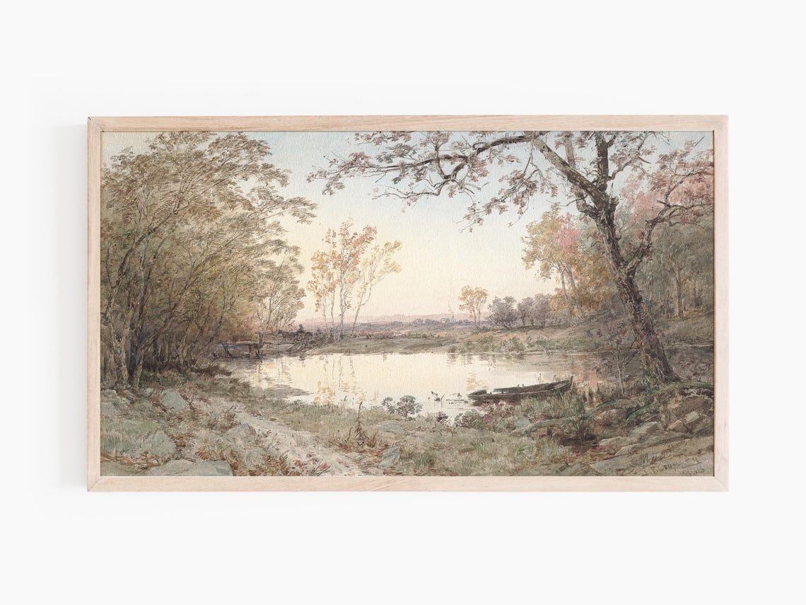 Autumn Pond Reflections Pink Amber Fall Trees Canoe Painting Poster - Image 3