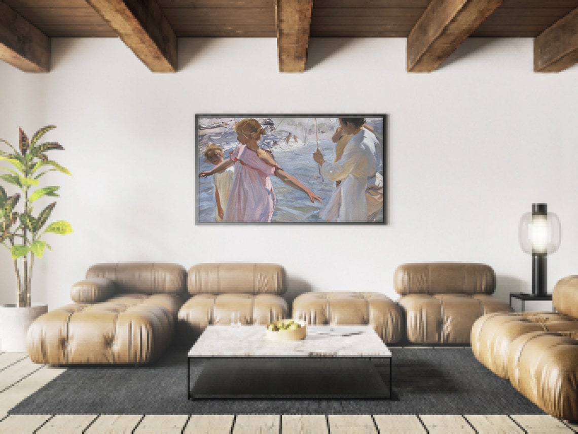 Family At Summer Beach Mother With Parasol Children In Waves Art Print - Image 4