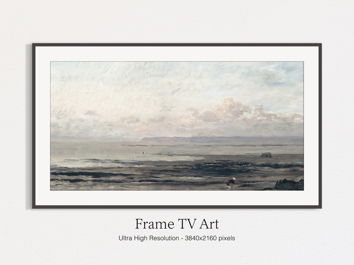 Muted Gray Seascape with Shoreline Waves Vintage Coastal Art Print - Image 4