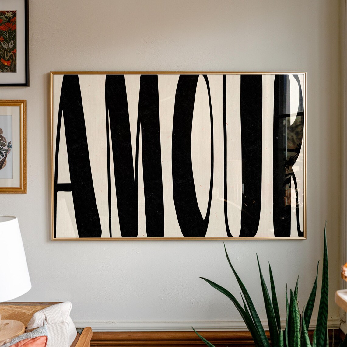 Amour French Typography Poster Bold Black Love Word Cream Bedroom Decor