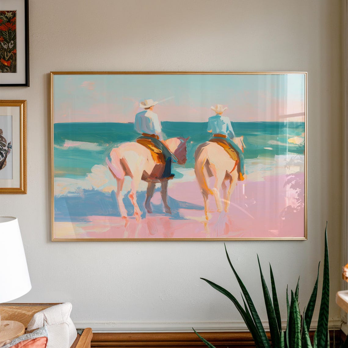 Pastel Cowboys on Horseback Beach Art Print Coastal Western Scene