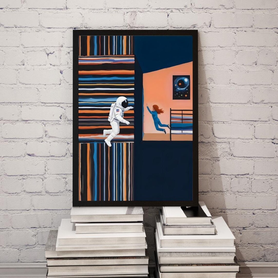 Astronaut Bookshelf, Modern Space Themed Art Print
