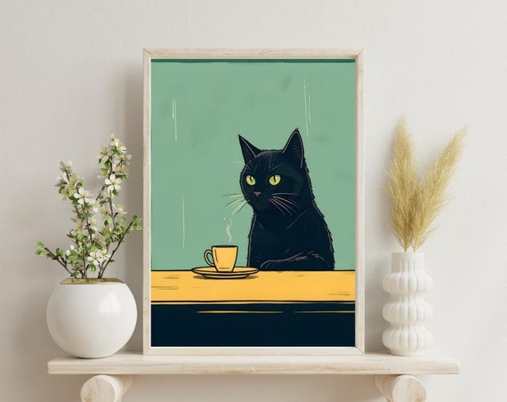 Cat With Coffee - Modern Retro Poster Print