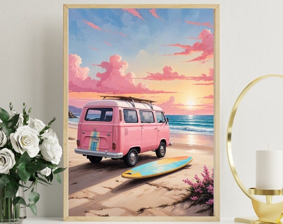 Retro Van Print Pink Van Wall Art Pink Beach Poster Beach Pink Print California Pink Print Surf Van Photo Large Wall Art Art