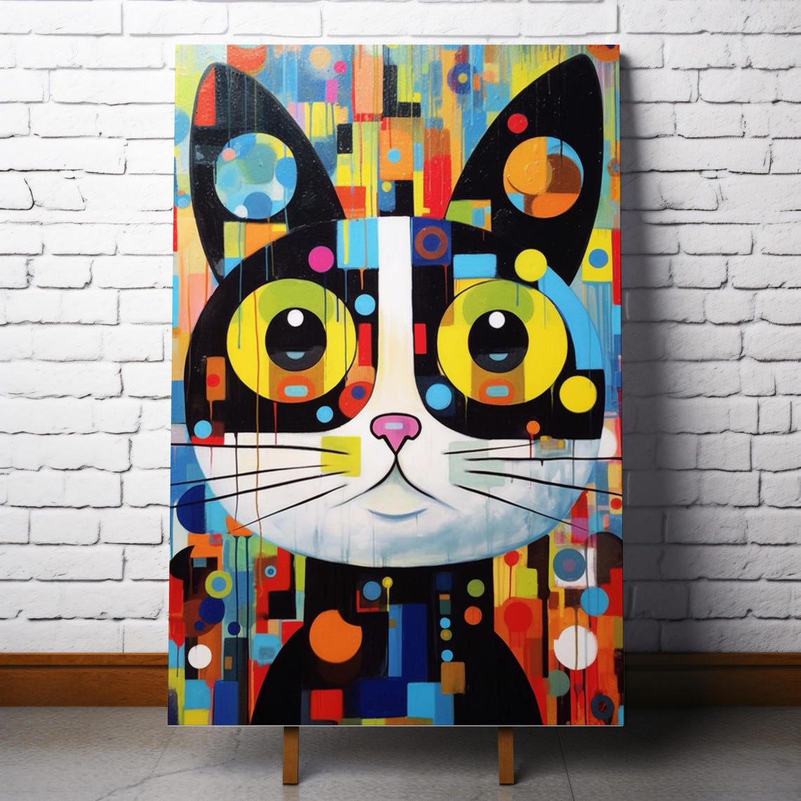Pop Art Cat Face Print Colorful Geometric Dots Yellow Eyes Wall Poster - Image 8