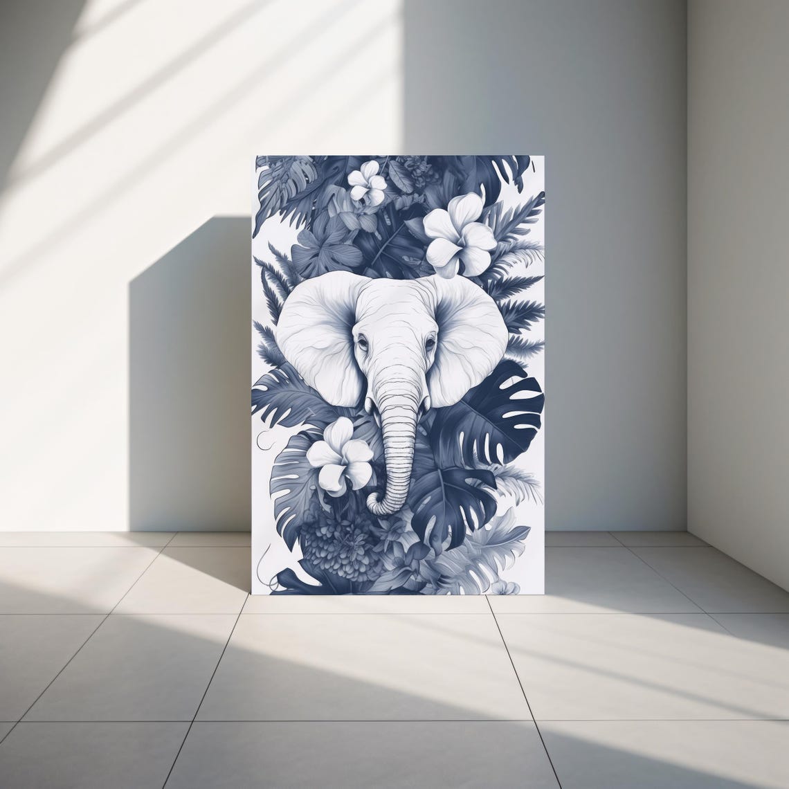 Monochrome Elephant Tropical Leaves Jungle Wildlife Safari Art Poster - Image 3