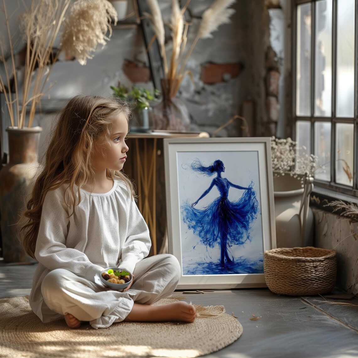 Graceful Dancer Blue Watercolor Flowing Dress Silhouette Elegant Wall Art - Image 2