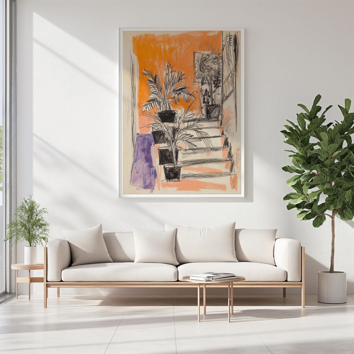 Potted Plants Charcoal Sketch Bold Orange Wall Interior Art Poster - Image 6