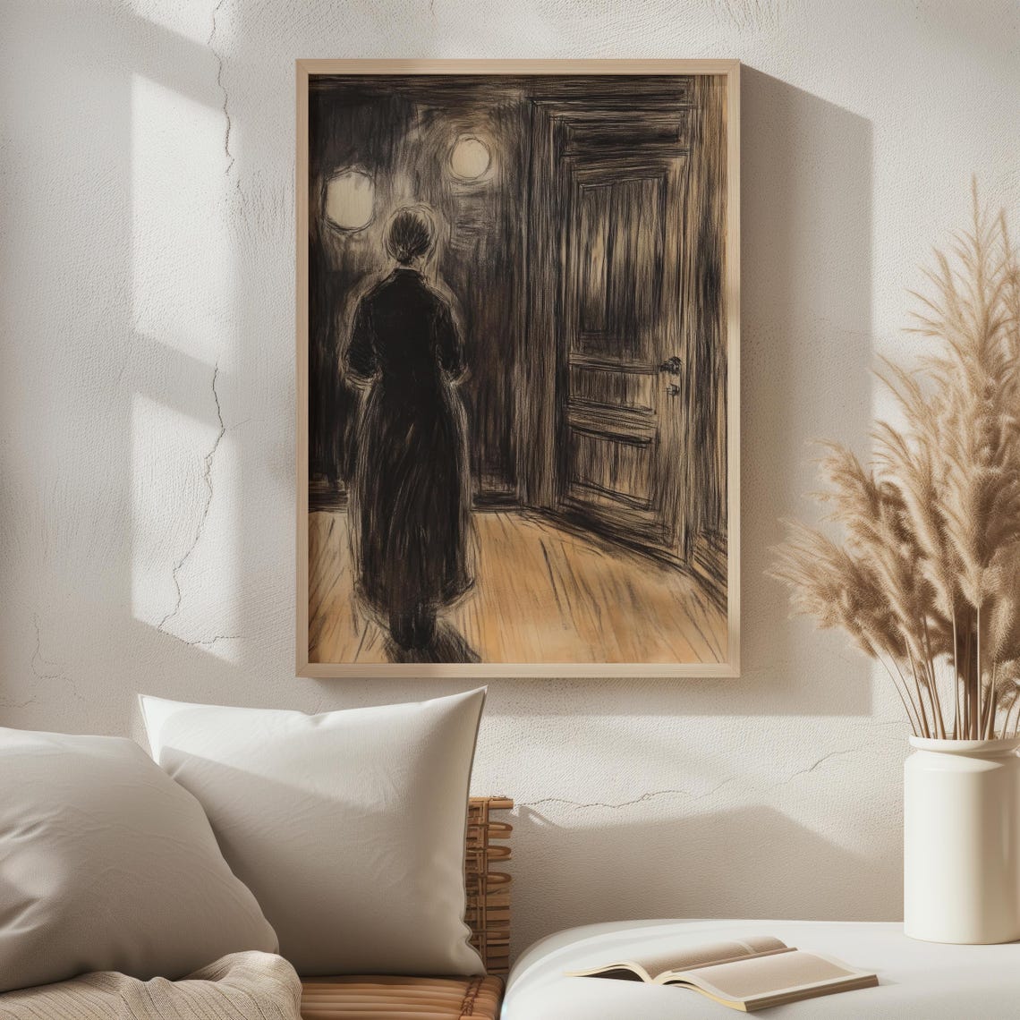 Echoes Of The Doorway Moody Charcoal Sketch Of Woman In A Dimly Lit Room Atmospheric Expressionist Art Dark Interior Illustration - Image 5