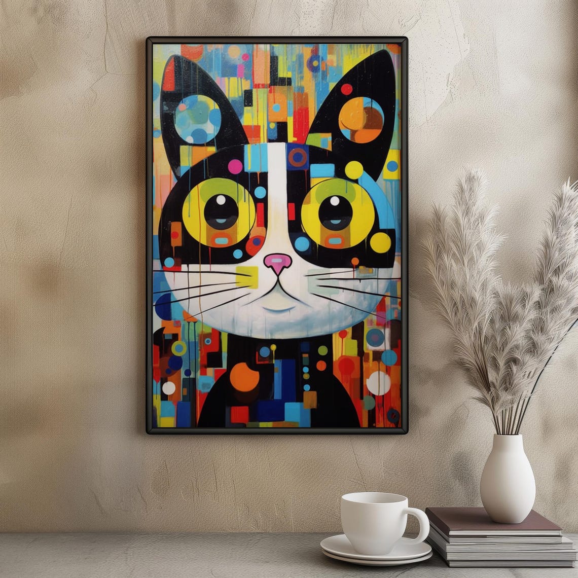 Pop Art Cat Face Print Colorful Geometric Dots Yellow Eyes Wall Poster - Image 7