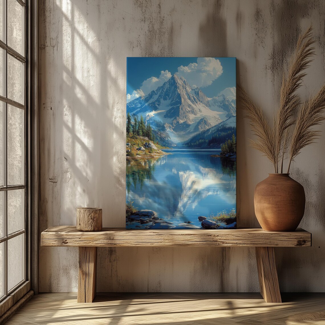 Realistic Mountain Lake Wall Art Snow Capped Peaks Reflection Evergreen Forest Serene Landscape Home Decor Art - Image 3