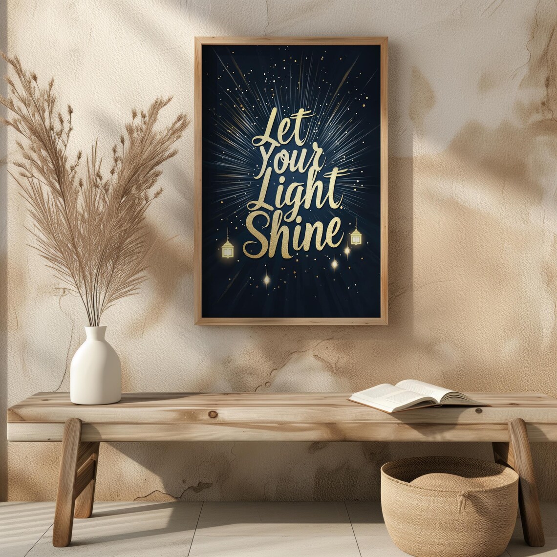 Let Your Light Shine Inspirational Print Gold Foil Typography Art Elegant Wall Decor With Dark Background And Glowing Lanterns Ai Art - Image 2