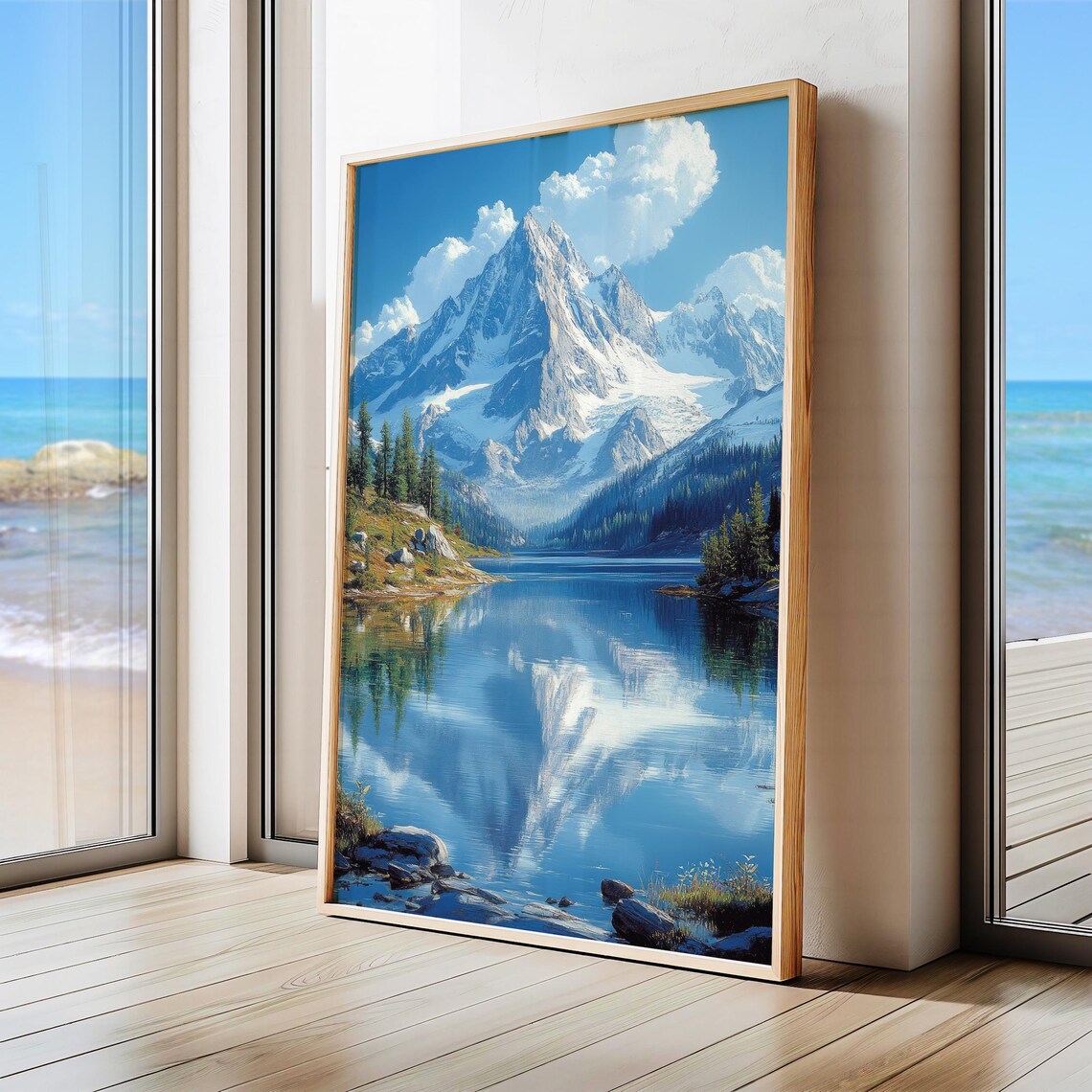 Realistic Mountain Lake Wall Art Snow Capped Peaks Reflection Evergreen Forest Serene Landscape Home Decor Art - Image 6