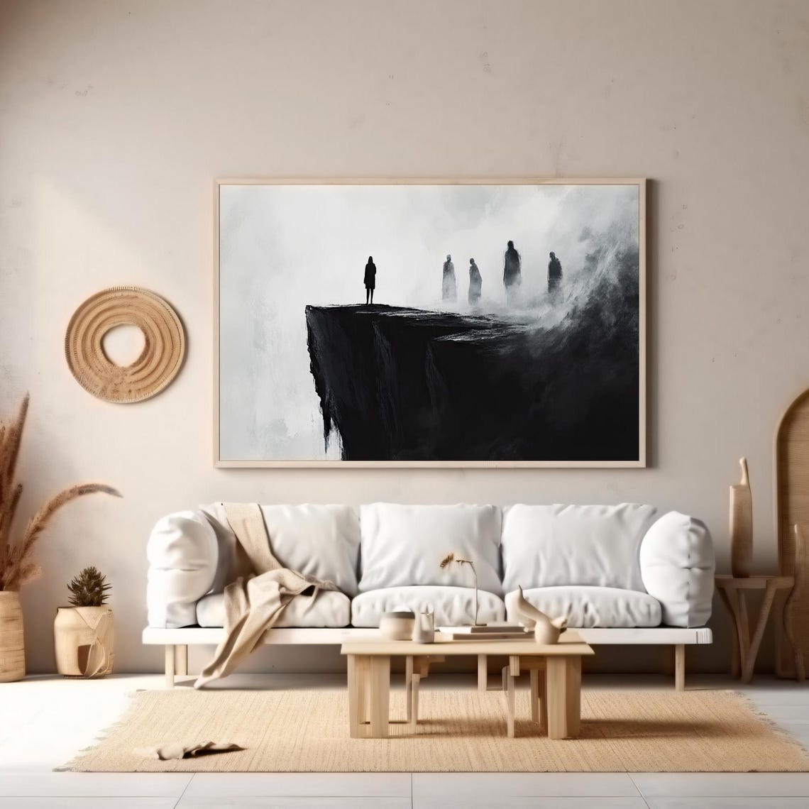 Lone Figure Cliff Edge Surreal Black White Fog Figures Poster - Image 2