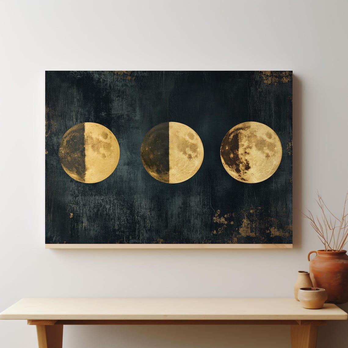 Gold Foil Moon Phases Print Set Minimalist Celestial Wall Art Modern Lunar Decor Dark Textured Background Home Decor