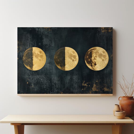 Gold Foil Moon Phases Print Set Minimalist Celestial Wall Art Modern Lunar Decor Dark Textured Background Home Decor