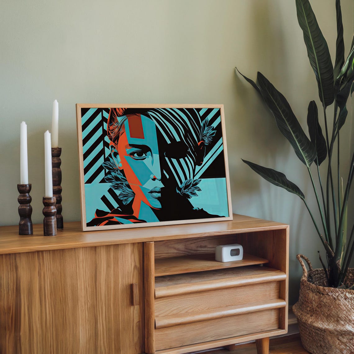 Bold Abstract Portrait Art Modern Geometric Face Striking Blue And Orange Contrast Contemporary Pop Art Wall Decor - Image 5